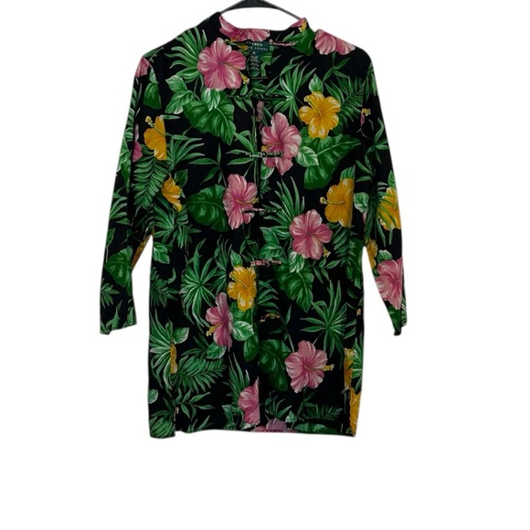 Lauren Ralph Lauren 2000s Hibiscus Button Closure Shirt Size M 100% Linen - Picture 1 of 7